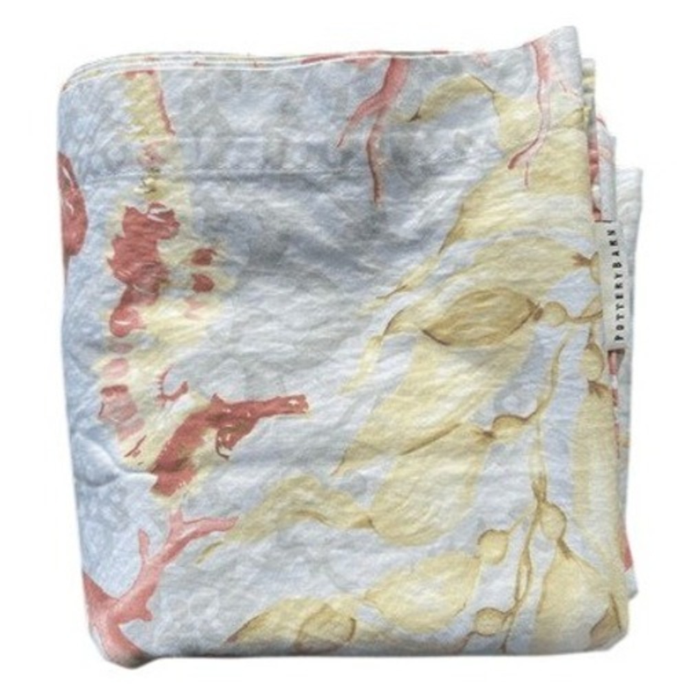 Pottery Barn 2011 Vintage Organic Cotton Coastal Coral Seahorse Tablecloth Rare‎